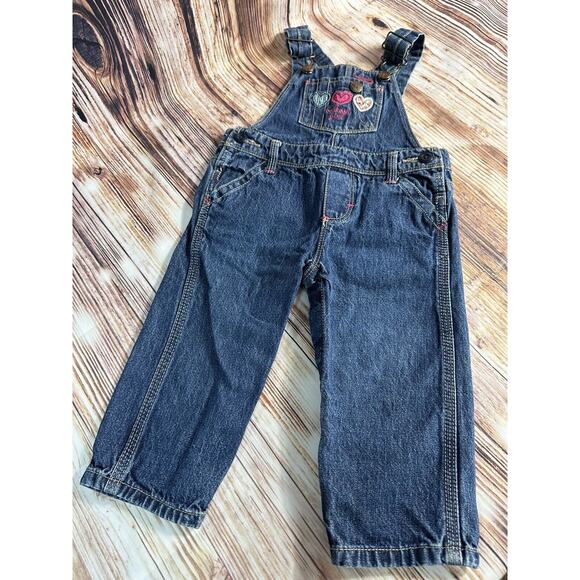 Osh Kosh B’gosh Girls Size 12 Months Jean Bib Denim Overalls Vestbak Pants Heart - Picture 2 of 5